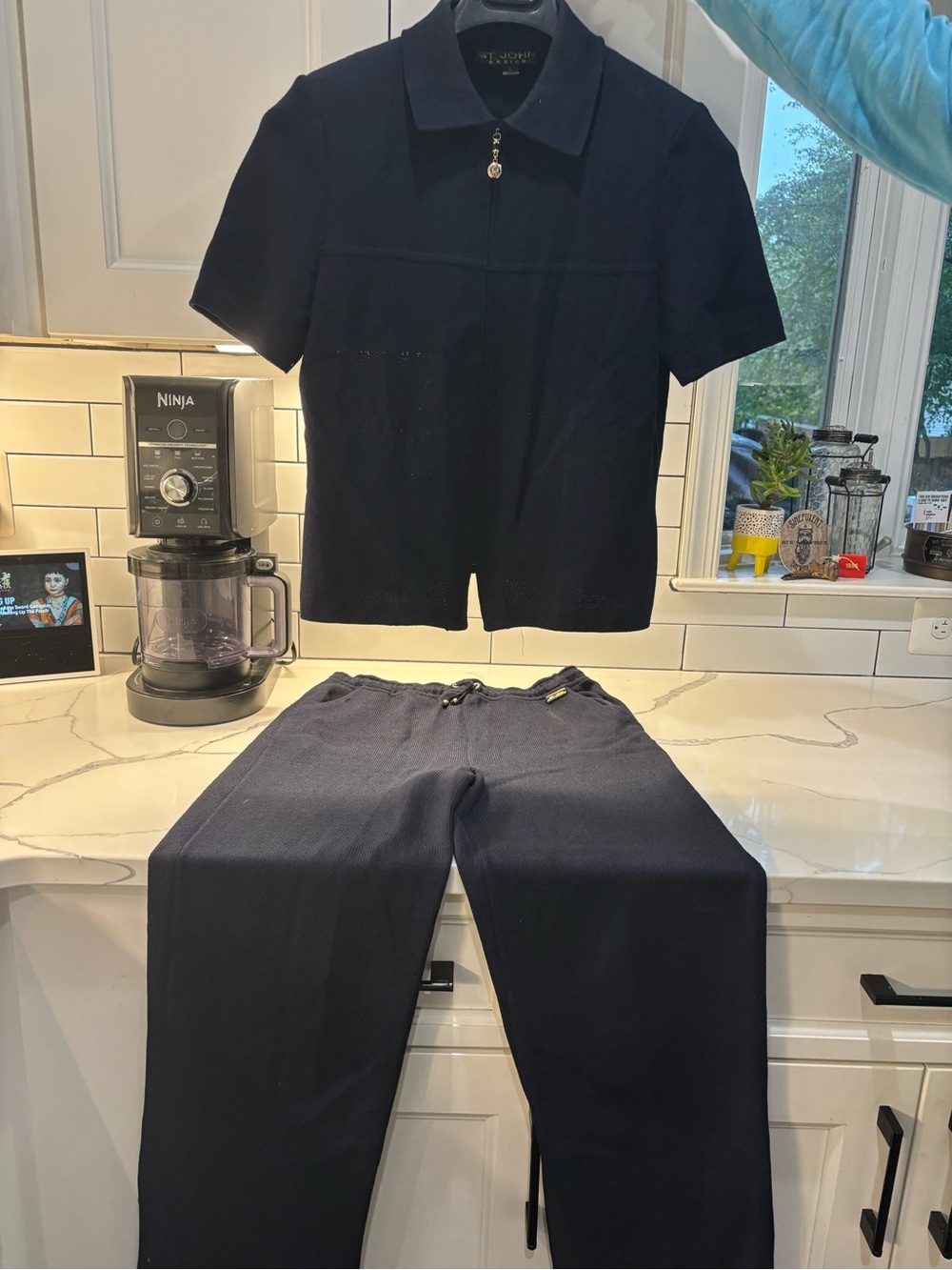 St. John Navy Short-Sleeve Zip Polo Top - Classic Knit